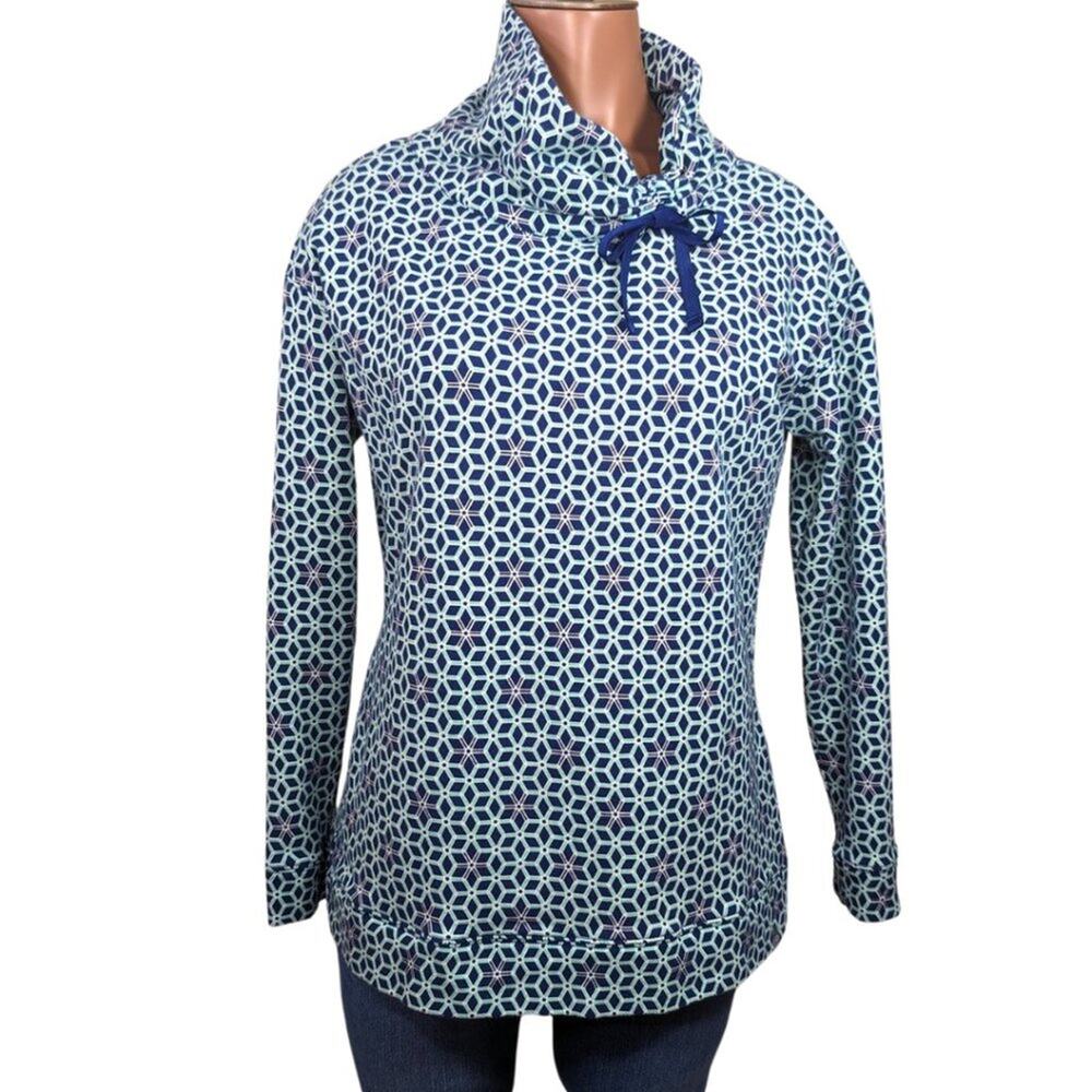 Talbots Small Long Sleeve Turtleneck Stretch Cotton Blue Green Geometric Print